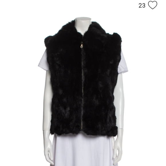 Saks Fifth Avenue Real Rabbit Fur collared black zip up down vest with collar